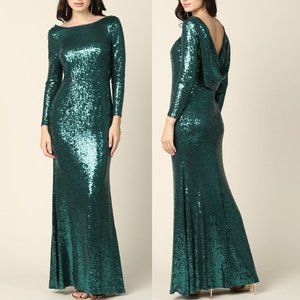 EVA Hunter Green Long Sleeve Sequin Cowl Back Sheath Formal Gown 18